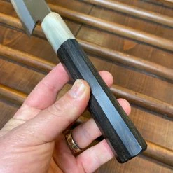 Hitohira Togashi 210mm Gyuto Stainless Clad Aogami 1 Macasser Ebony Blonde Colored Horn