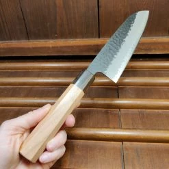 Hitohira Futana SB 170mm Santoku Aogami Super Kurouchi Tsuchime Cherry Wood