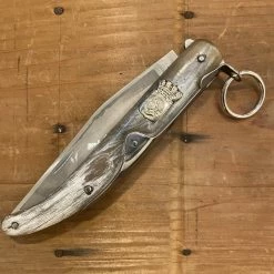Au Sabot 12cm Corsican Navaja Ring Pull Stainless Pocket Knife Horn W Brass Crest