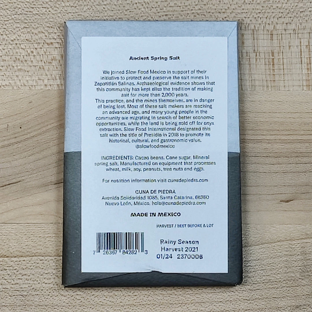 Cuna De Piedra 73% Mexican Cacao From Comalcalco, Tabasco W/ Ancient Spring Salt - 1.2oz