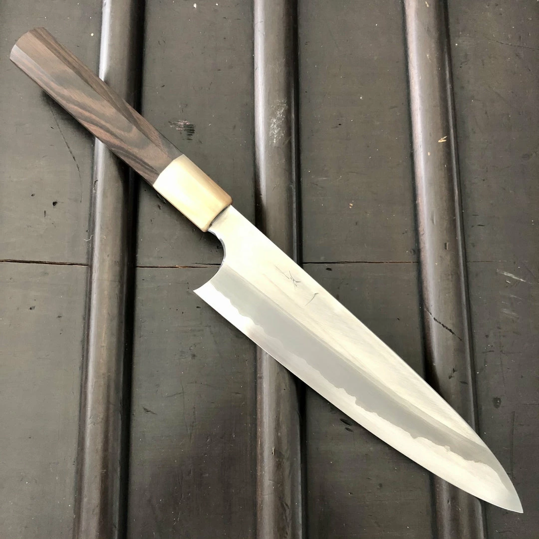 Hitohira Togashi 210mm Gyuto Stainless Clad Aogami 1 Macasser Ebony & Horn - On Order