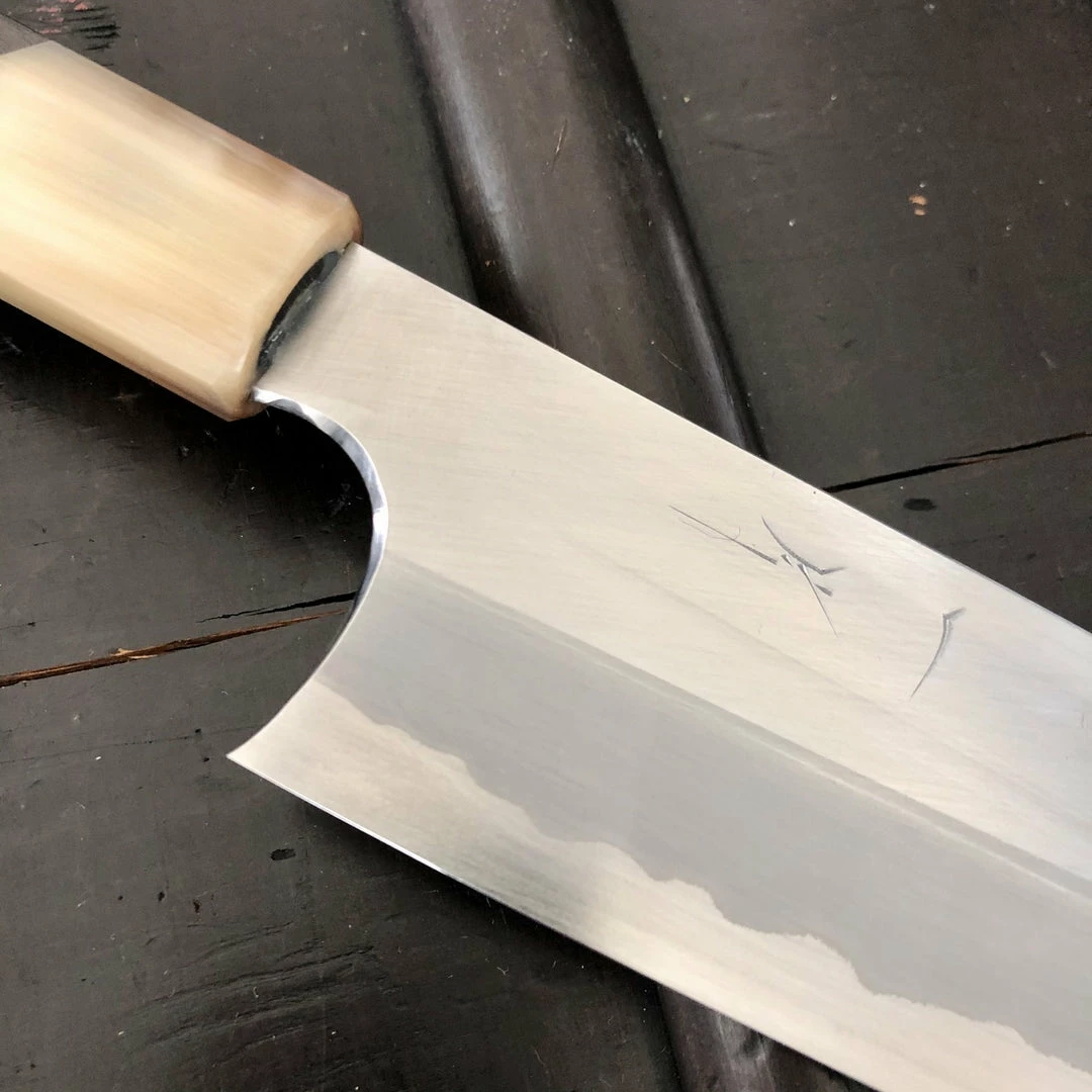 Hitohira Togashi 210mm Gyuto Stainless Clad Aogami 1 Macasser Ebony & Horn - On Order