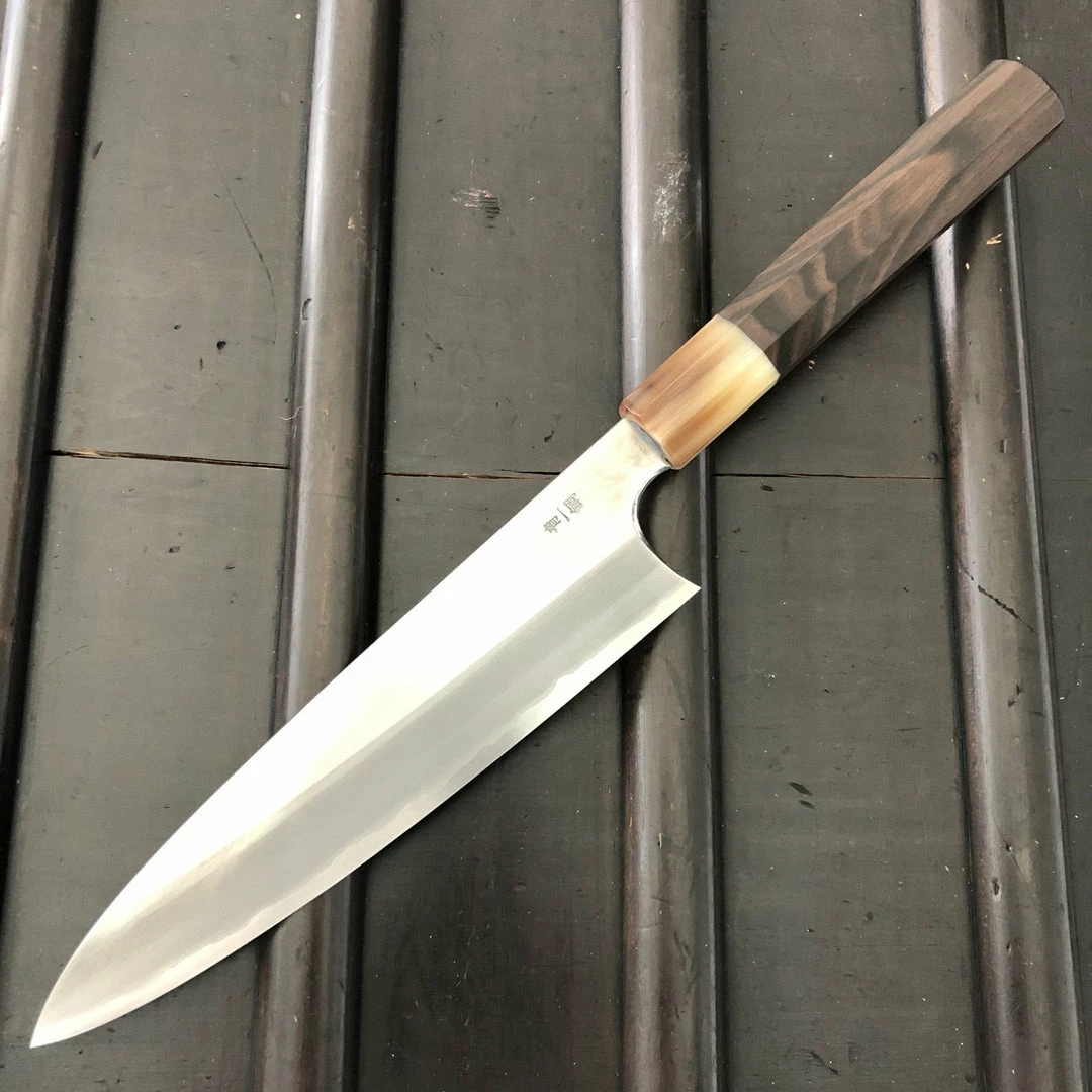 Hitohira Togashi 210mm Gyuto Stainless Clad Aogami 1 Macasser Ebony & Horn - On Order