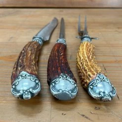 Vintage Used Vintage Landers Frary & Clark Aetna Works Carving Set Carbon Steel Sterling Stag ~1880's-1910's