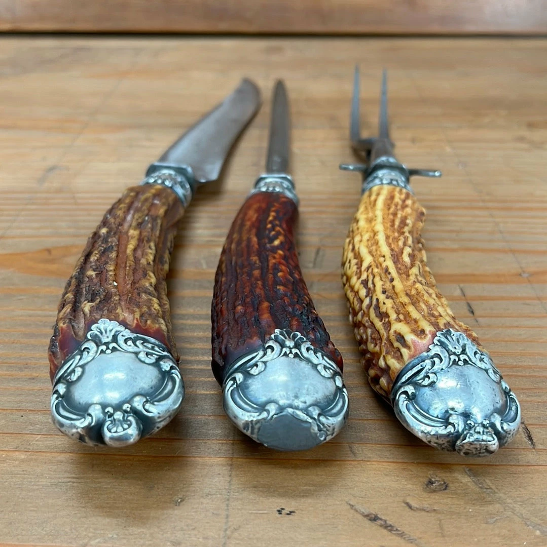 Vintage Used Vintage Landers Frary & Clark Aetna Works Carving Set Carbon Steel Sterling Stag ~1880's-1910's