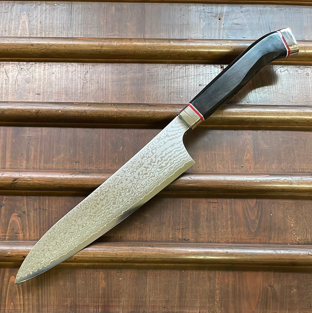 Hitohira Imojiya TH 210mm Gyuto VG10 Damascus Fusion Ebony Handle