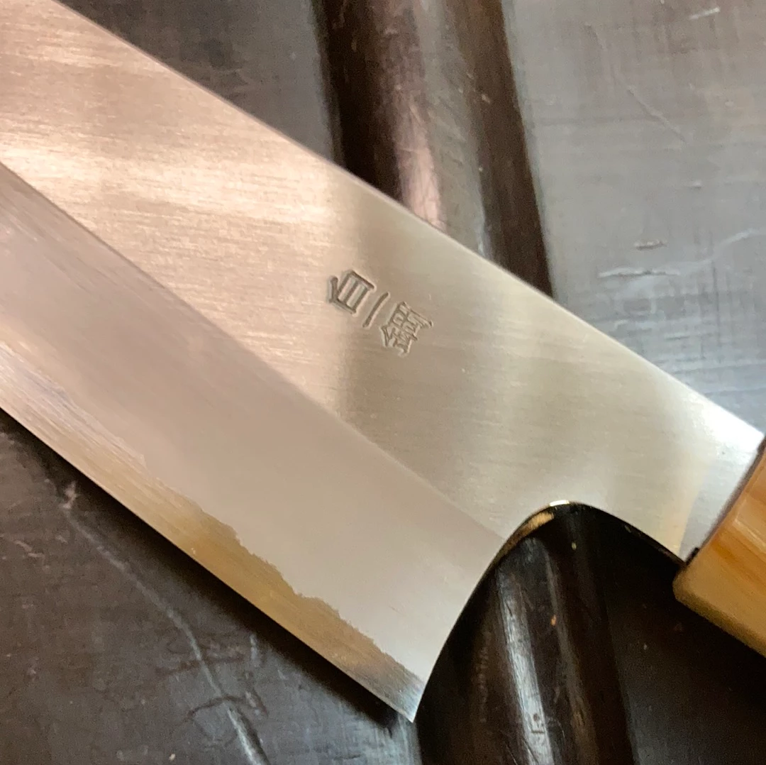 Hitohira Togashi 210mm Gyuto Stainless Clad Shirogami 1 Taihei Macasser Ebony & Horn