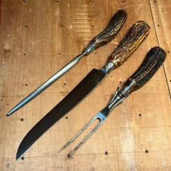 Vintage American Carving Set Carbon Steel Sterling Ferrules Stag ~1880's-1920's Used Vintage