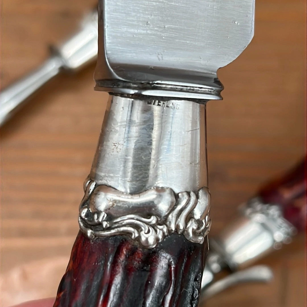 Vintage #2 Landers Frary & Clark Aetna Works Carving Set Carbon Steel Large Sterling Ferrules Stag ~1880's-1910's Used Vintage