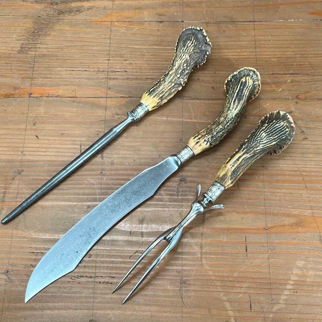 Vintage Used Vintage Meriden Cutlery Co Carving Set Carbon Steel Crown Stag 1918-1925