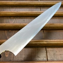 Hitohira Togashi 270mm Sujihiki Kasumi Stainless Clad Shirogami 1 Ebony Handle Blonde Horn