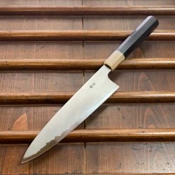 Hitohira Togashi 210mm Gyuto Kasumi Stainless Clad Shirogami 1 Ebony Blonde Handle