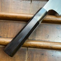 Hitohira Togashi 180mm Santoku Kasumi Stainless Clad Shirogami 1 Ebony Blonde Handle