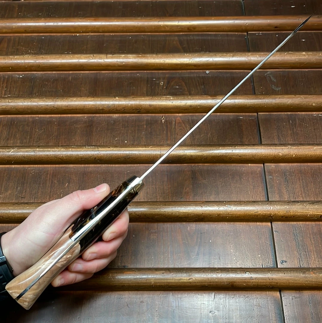 H&K Nigara Hamono 255mm Kiritsuke Sujihiki SG2 Kurouchi Tsuchime Stabilized Maple Burl Western Handle