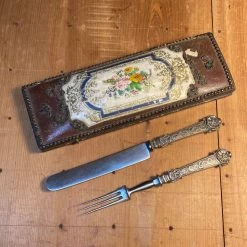 Vintage Table | Steak Fork And Knife Set Forged Carbon Steel & Coin Silver (?) German ? Late 19th C