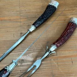 Vintage #2 Landers Frary & Clark Aetna Works Carving Set Carbon Steel Large Sterling Ferrules Stag ~1880's-1910's Used Vintage