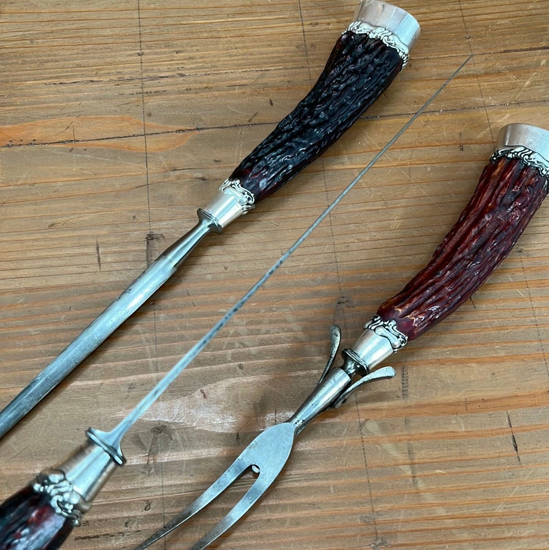Vintage #2 Landers Frary & Clark Aetna Works Carving Set Carbon Steel Large Sterling Ferrules Stag ~1880's-1910's Used Vintage