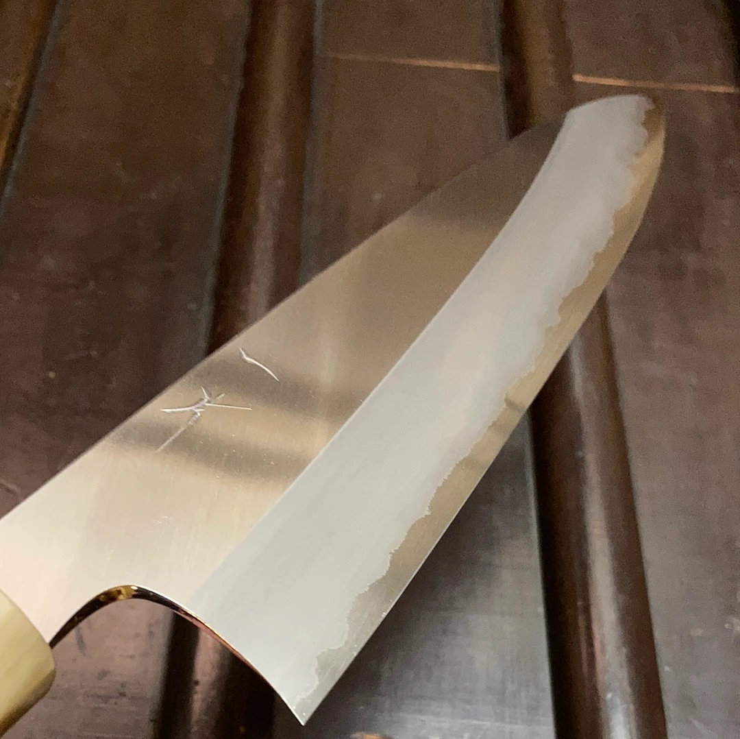 Hitohira Togashi 210mm Gyuto Stainless Clad Shirogami 1 Taihei Macasser Ebony & Horn