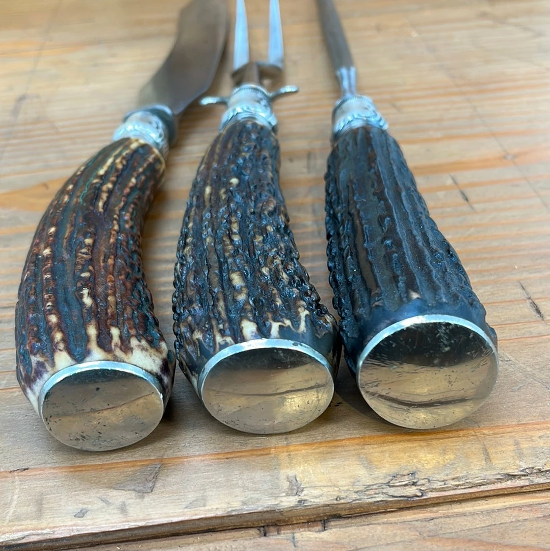 Bernal Cutlery Geo Wostenholm & Sons Carving Set Carbon Steel Sterling Stag Sheffield 1891-1920's? Used Vintage