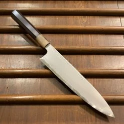 Hitohira Togashi 240mm Gyuto Kasumi Stainless Clad Shirogami 1 Ebony Handle