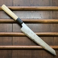 Sakai Kikumori 'Sori' 240mm Kiritsuke Sujihiki - Aogami 1 Suminagashi