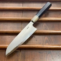 Hitohira Togashi 180mm Santoku Kasumi Stainless Clad Shirogami 1 Ebony Blonde Handle
