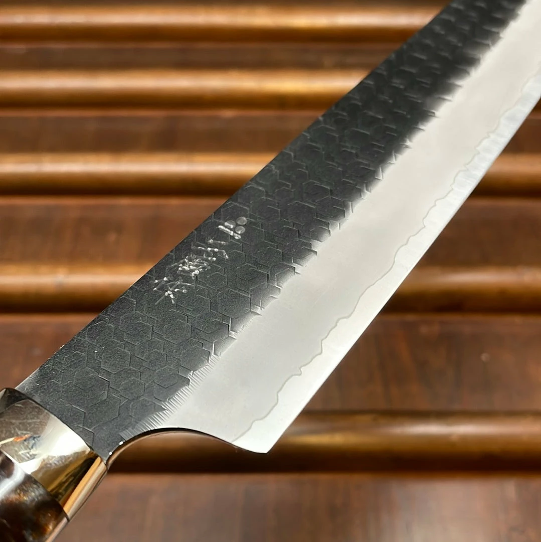 H&K Nigara Hamono 255mm Kiritsuke Sujihiki SG2 Kurouchi Tsuchime Stabilized Maple Burl Western Handle