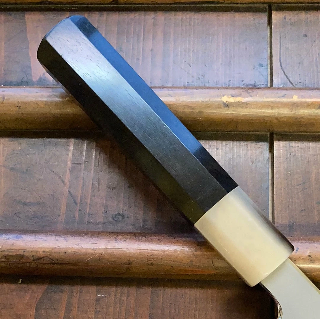 Hitohira Togashi 180mm Bunka Kasumi Stainless Clad Shirogami 1 Ebony Handle