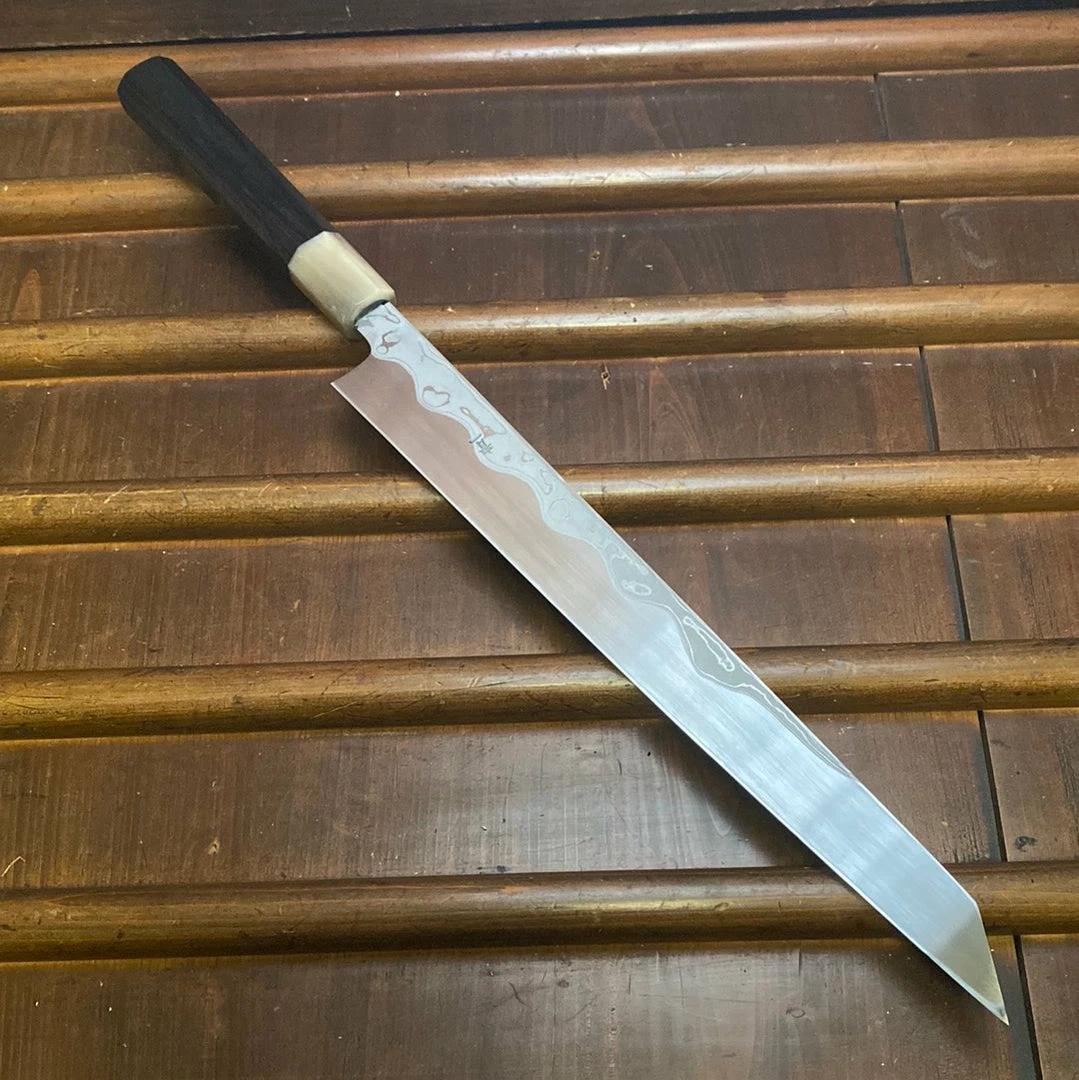 Hitohira Tanaka Manzo 300mm LEFTY Kiritsuke Yanagi Aogami 1 Damascus Ebony W/ Saya