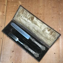 Vintage Table | Steak Fork And Knife Set Forged Carbon Steel & Coin Silver (?) German ? Late 19th C