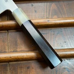 Hitohira Togashi 180mm Santoku Kasumi Stainless Clad Shirogami 1 Ebony Blonde Handle