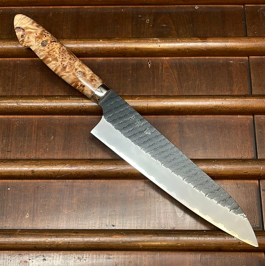 H&K Nigara Hamono 210mm Gyuto SG2 Kurouchi Tsuchime Stabilized Maple Burl Western Handle