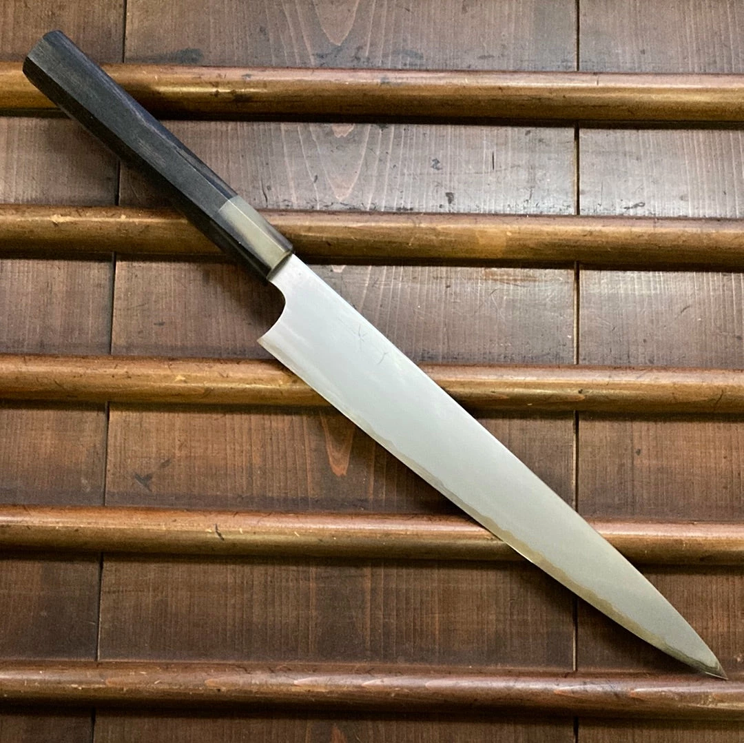 Hitohira Togashi 270mm Sujihiki Kasumi Stainless Clad Shirogami 1 Ebony Handle Blonde Horn