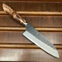 H&K Nigara Hamono SG2 180mm Santoku Kurouchi Tsuchime Stabilized Maple Burl Western Handle