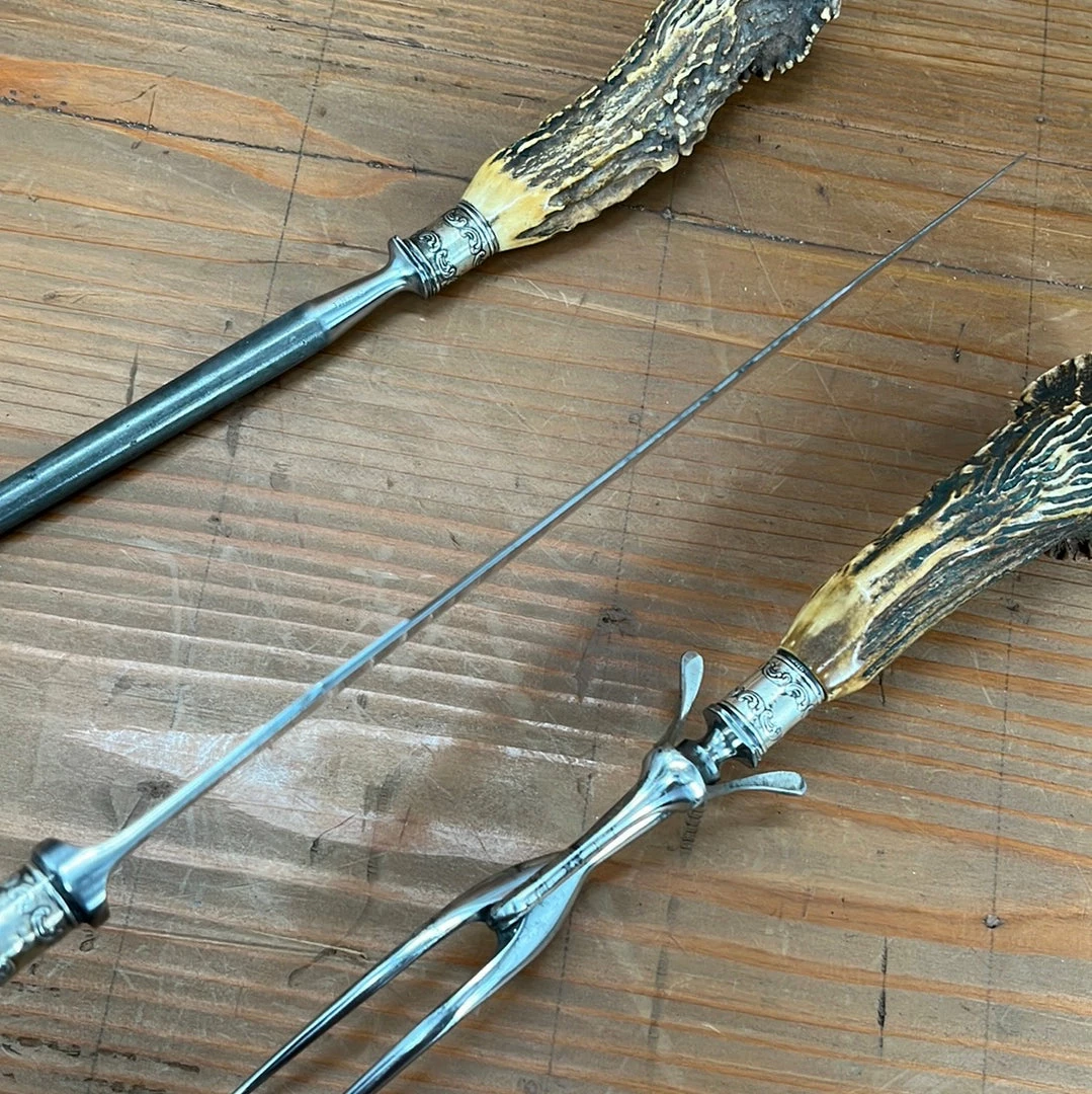 Vintage Used Vintage Meriden Cutlery Co Carving Set Carbon Steel Crown Stag 1918-1925