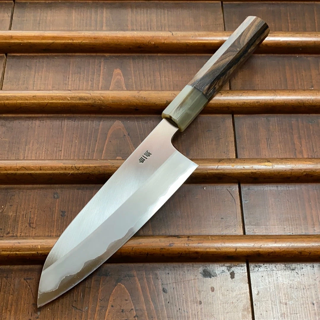 Hitohira Togashi 180mm Santoku Stainless Clad Shirogami 1 Ziricote Blonde Handle