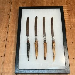 Vintage Antique Meridan Dessert Knives Silverplate & Stag Tip In Shadow Box