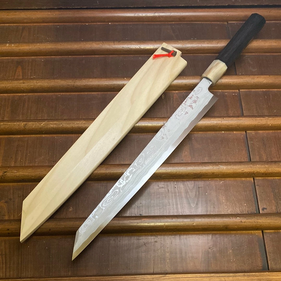 Hitohira Tanaka Manzo 300mm LEFTY Kiritsuke Yanagi Aogami 1 Damascus Ebony W/ Saya