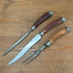 Vintage Used Vintage Landers Frary & Clark Aetna Works Carving Set Carbon Steel Sterling Stag ~1880's-1910's