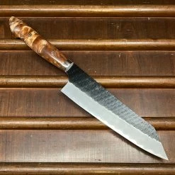 H&K Nigara Hamono 210mm Kiritsuke Gyuto SG2 Kurouchi Tsuchime Stabilized Maple Burl Western Handle