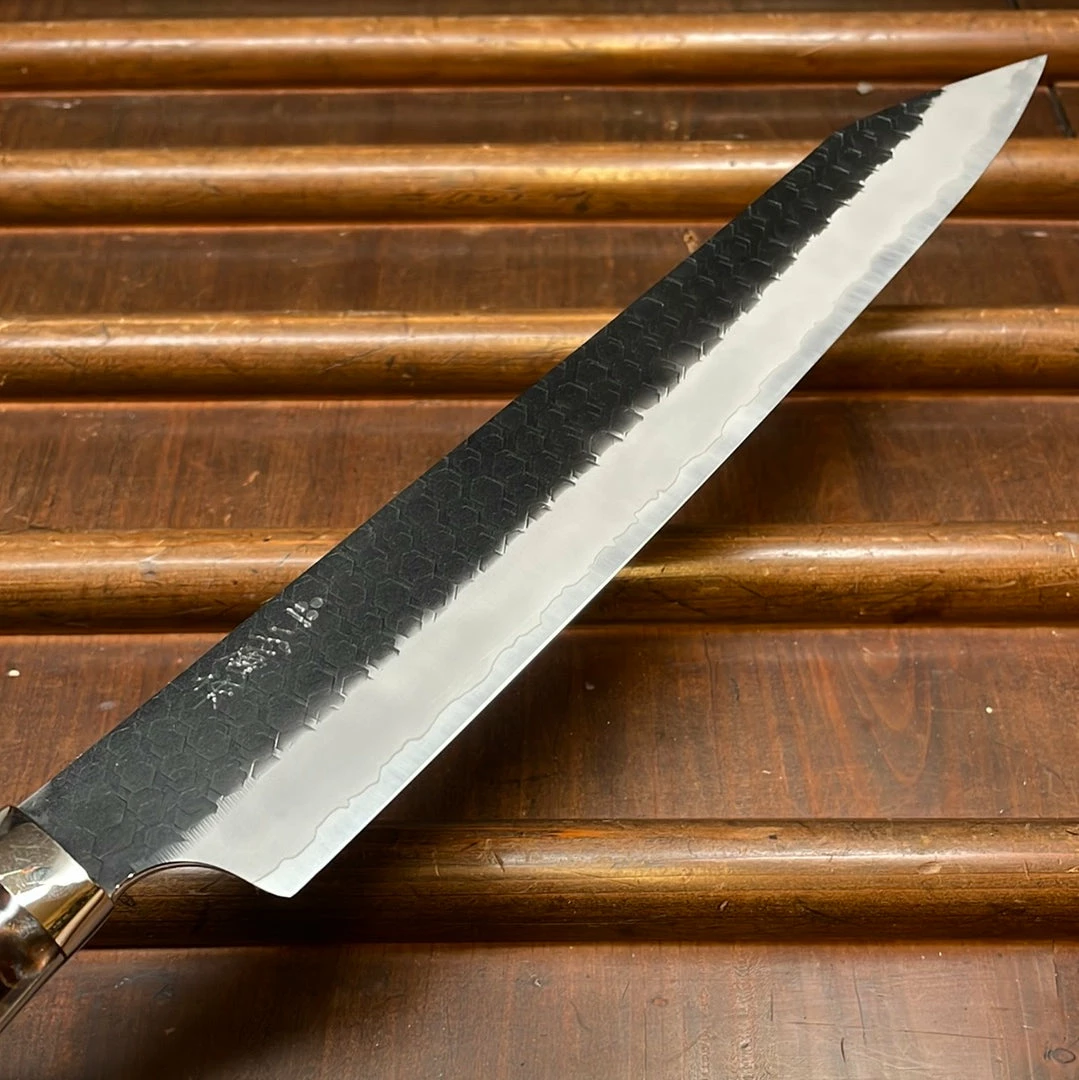 H&K Nigara Hamono 255mm Kiritsuke Sujihiki SG2 Kurouchi Tsuchime Stabilized Maple Burl Western Handle