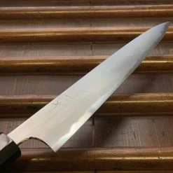 Hitohira Togashi 240mm Sujihiki Kasumi Stainless Clad Shirogami 1 Ebony Handle Black Horn