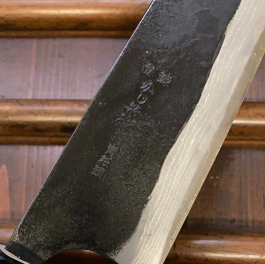 Nakajo Kaji-bei 165mm Santoku Iron Clad Aogami 2 Suminagashi Kurouchi Buffalo Horn Ring