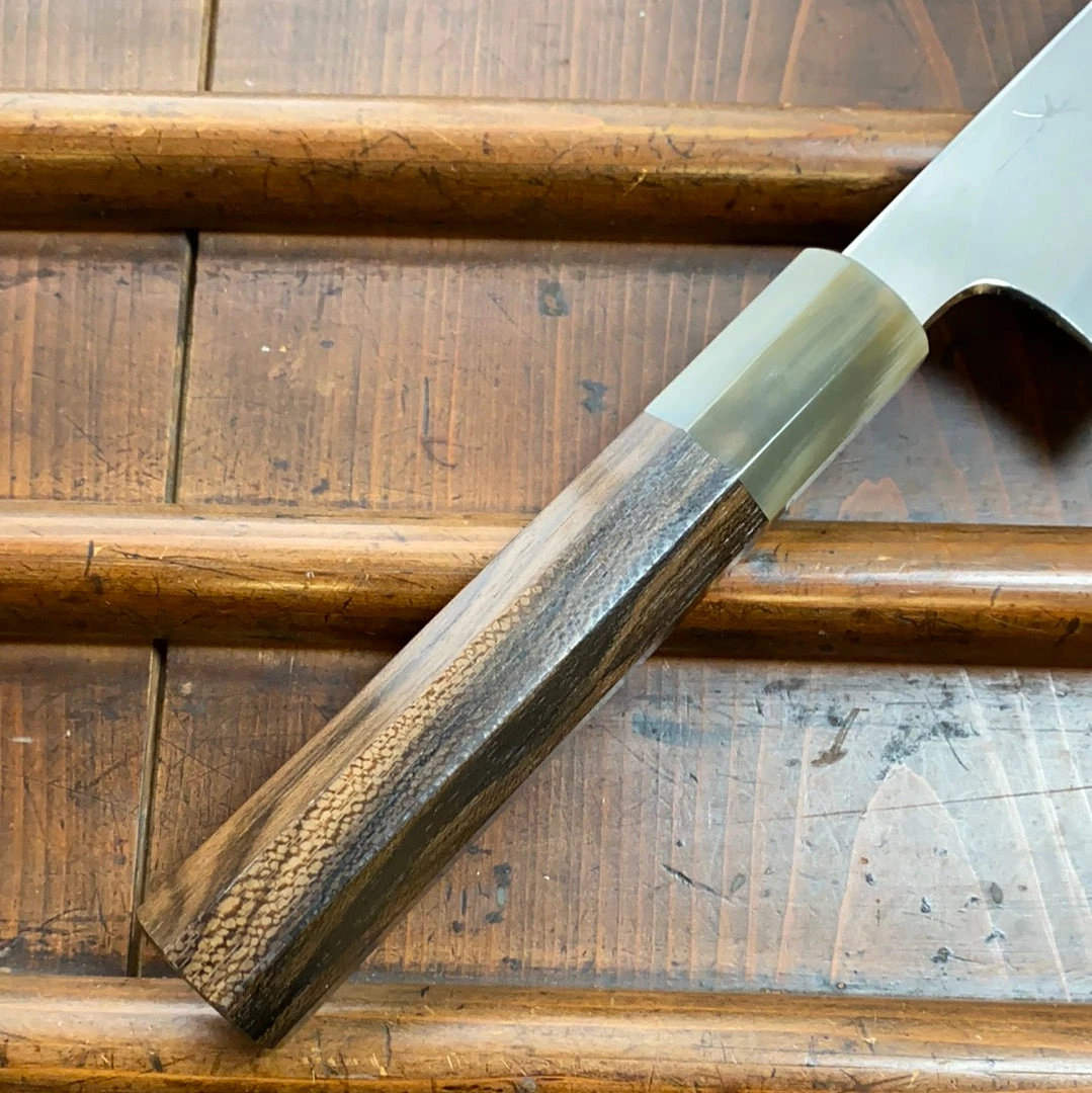 Hitohira Togashi 180mm Santoku Stainless Clad Shirogami 1 Ziricote Blonde Handle