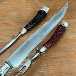 Vintage #2 Landers Frary & Clark Aetna Works Carving Set Carbon Steel Large Sterling Ferrules Stag ~1880's-1910's Used Vintage