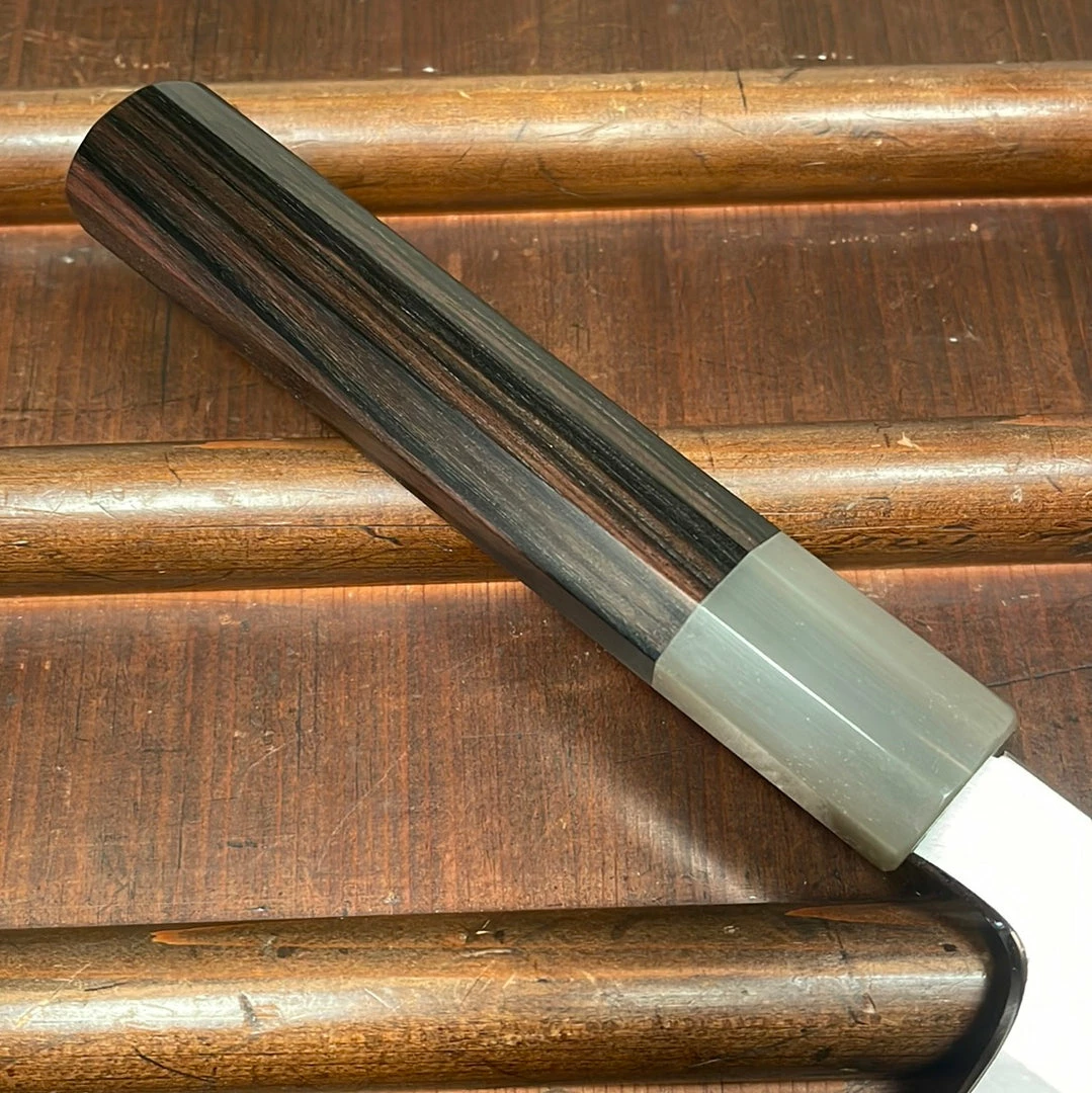 Hitohira Togashi 240mm Kiritsuke Gyuto Stainless Clad Shirogami 1 Taihei Macasser Ebony & Horn