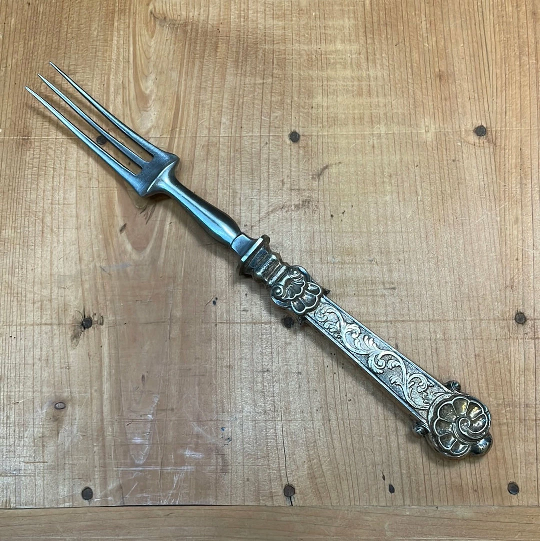 Vintage Table | Steak Fork And Knife Set Forged Carbon Steel & Coin Silver (?) German ? Late 19th C