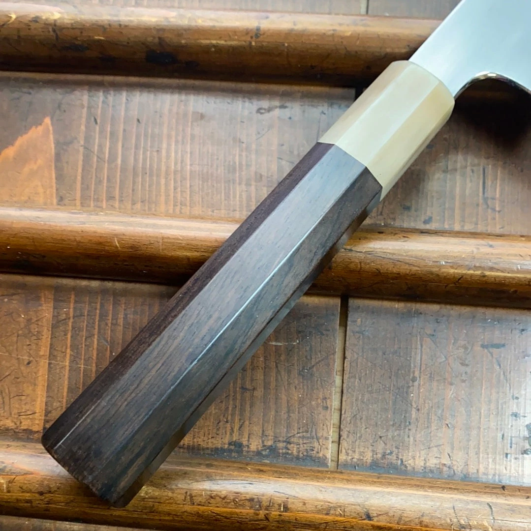 Hitohira Togashi 210mm Gyuto Kasumi Stainless Clad Shirogami 1 Ebony Blonde Handle