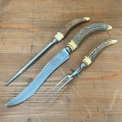 Bernal Cutlery A J Jordan Carving Set AAA1 Sheffield England Curved Blade Horn Tip Handles 1880's-1920's Used Vintage
