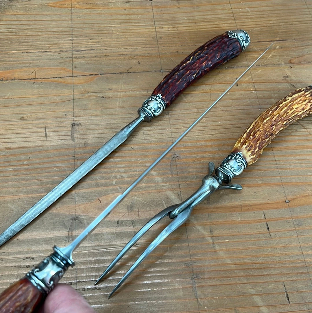 Vintage Used Vintage Landers Frary & Clark Aetna Works Carving Set Carbon Steel Sterling Stag ~1880's-1910's